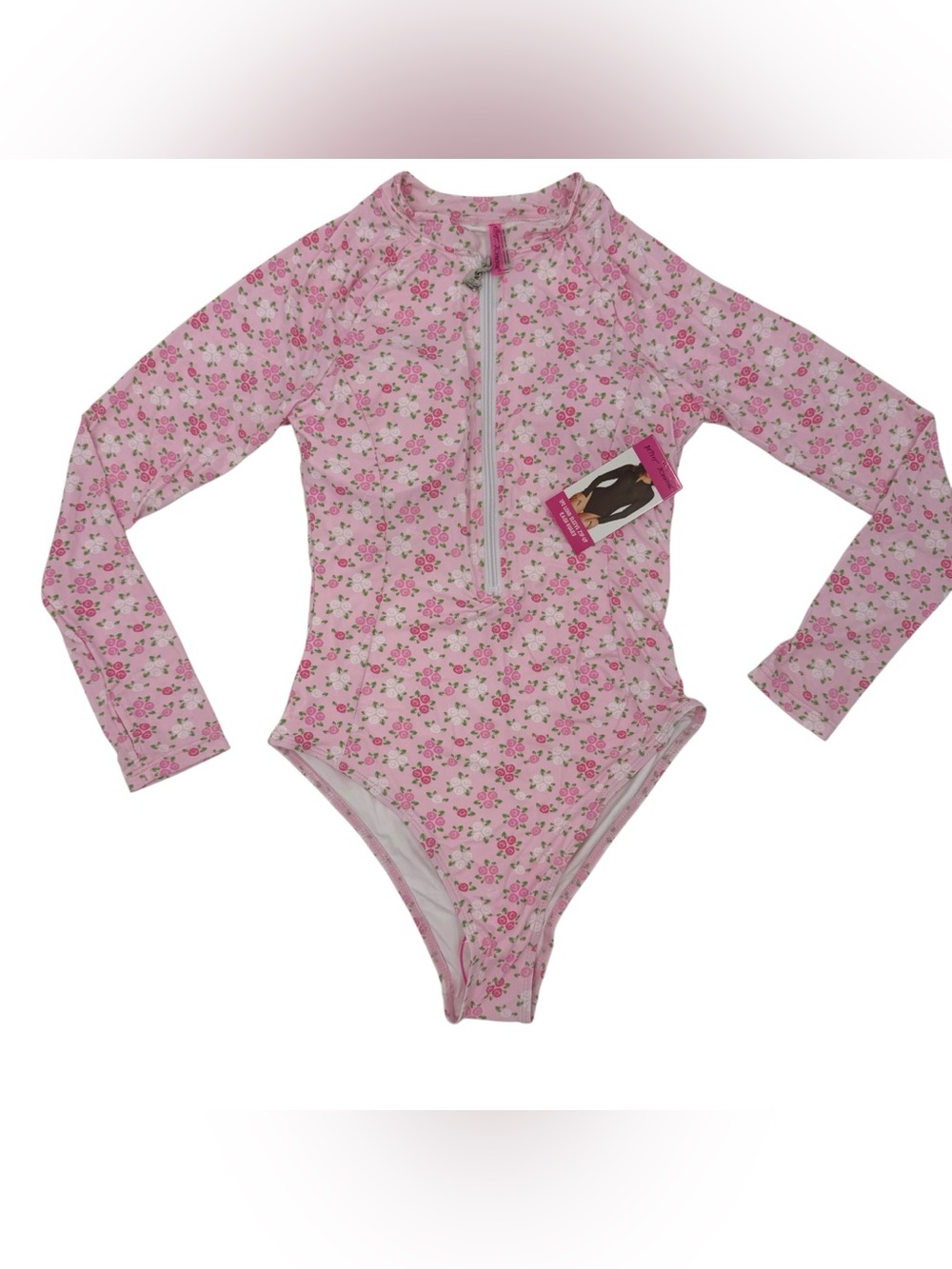 Betsey Johnson Womens One Piece Swimsuit Scuba Knit Half Zip Long Sleeve Pink M